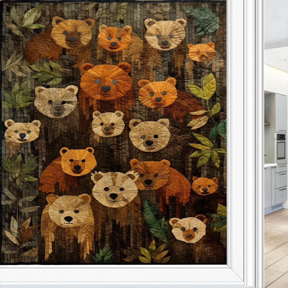 Bear Family Window Privacy Film Classic Retro Cute Animal Print Stained Glass Window Film Sun Blocking Heat Control Decorative Window Covering Film for Home Office 23.6Wx35.4L