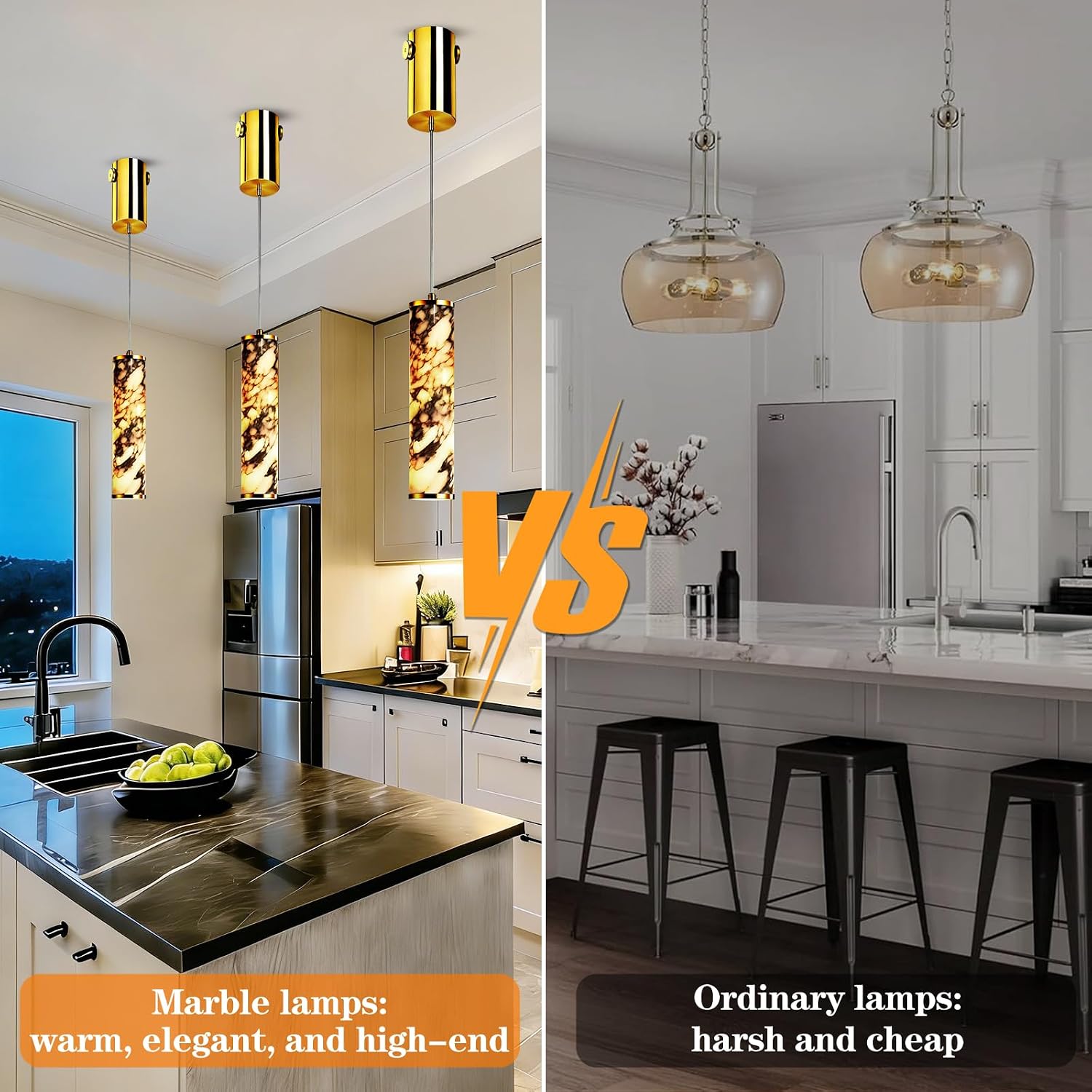 Modern Marble Pendant Light, 12.6''Natural Gold Cylinder Stone Pendant Light White/Black Long Tube Chandelier for Bedroom Bathroom Dining Room Living Room Hallway (Included Bulb,1-Pack)