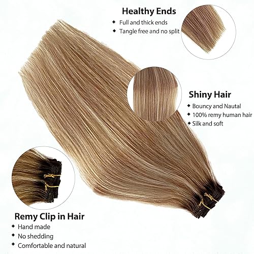 Miniatura 2 de Extensiones de cabello humano con clip, color marrón con reflejos rubios, extensiones de cabello humano suave y natural, 2.47 onzas, 7 unidades, 16