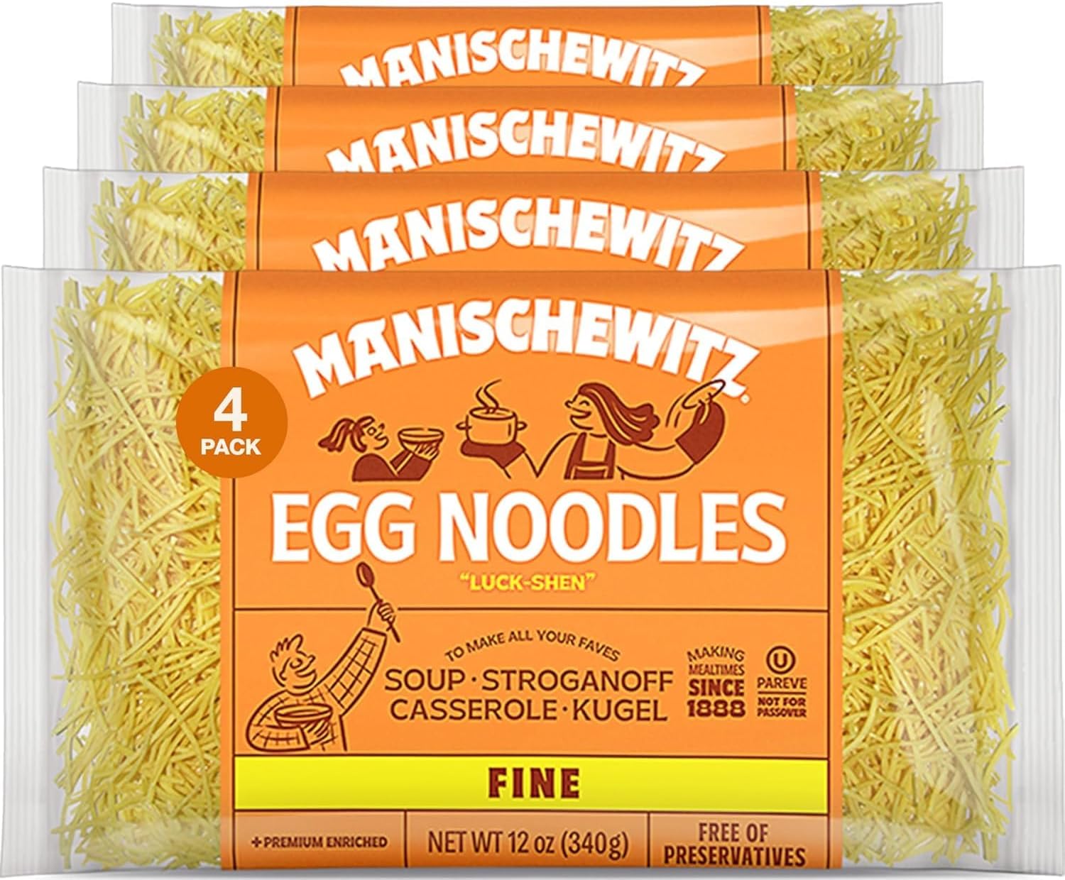 Manischewitz Premium Enriched Fine Egg Noodles 340g (Pack of 4) Great in Soups & Stews, No Preservatives, Low Sodium