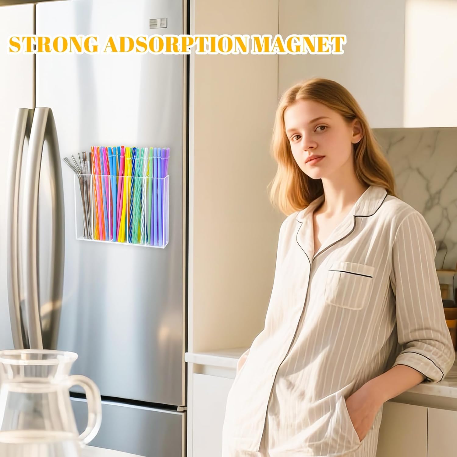 Acrylic Magnetic Straw Holder for Cabinet, Straws Storage Container for Cupboard with Double Sided Adhesive and Stickers, Drinking Reusable Straws Dispenser for Kitchen Counter - Image 7
