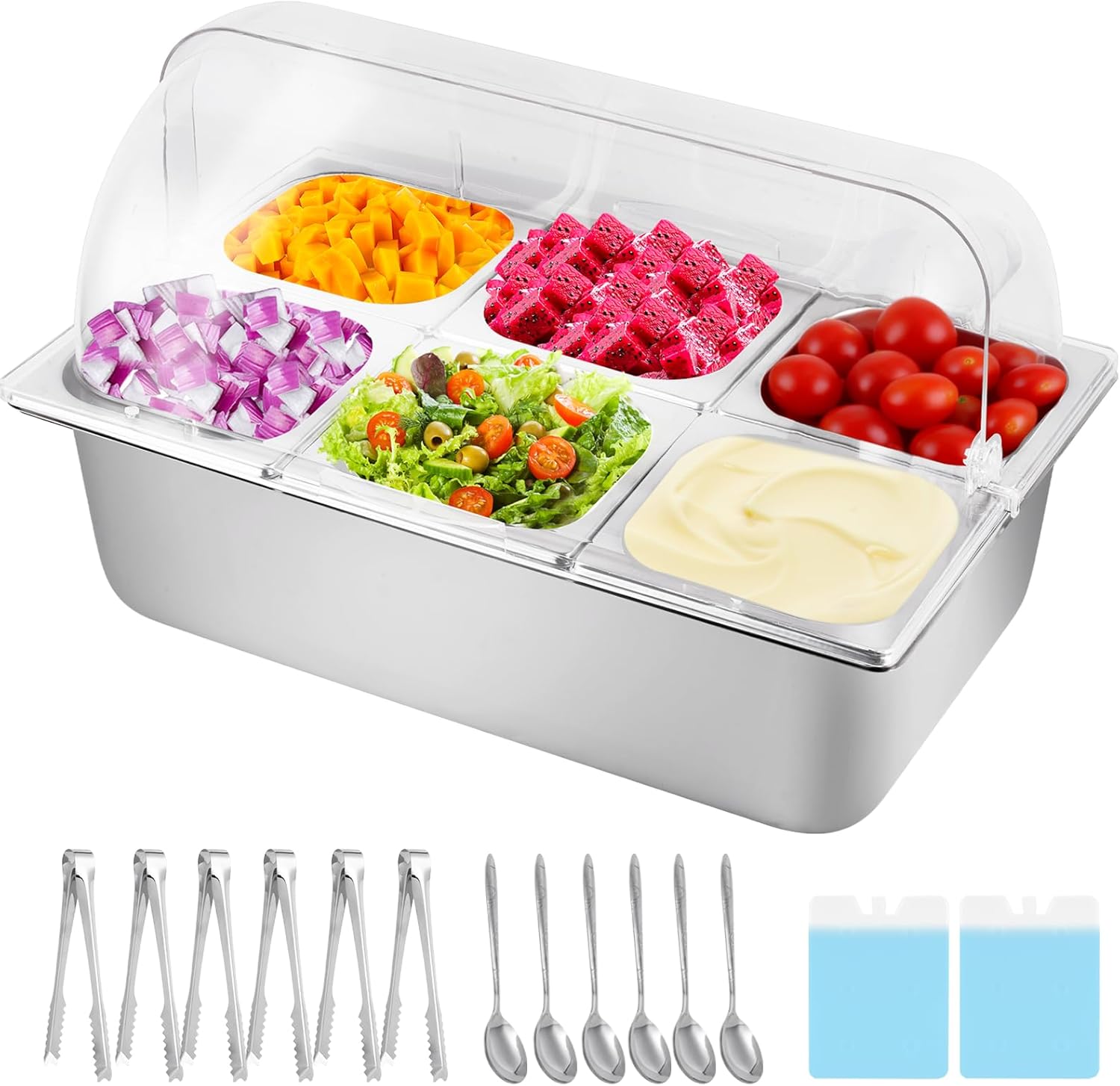 Cold Food Buffet Server 9.6Qt (6 Pans×1.6Qt) with Ice Packs for Salad Pizza Sauce Colded Serving Trays Condiments Containers for Parties Buffet