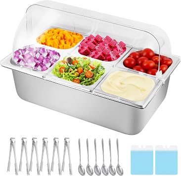Cold Food Buffet Server 9.6Qt 6 Pans1.6Qt with Ice Packs for Salad Pizza Sauce Colded Serving Trays Condiments Containers for Parties Buffet