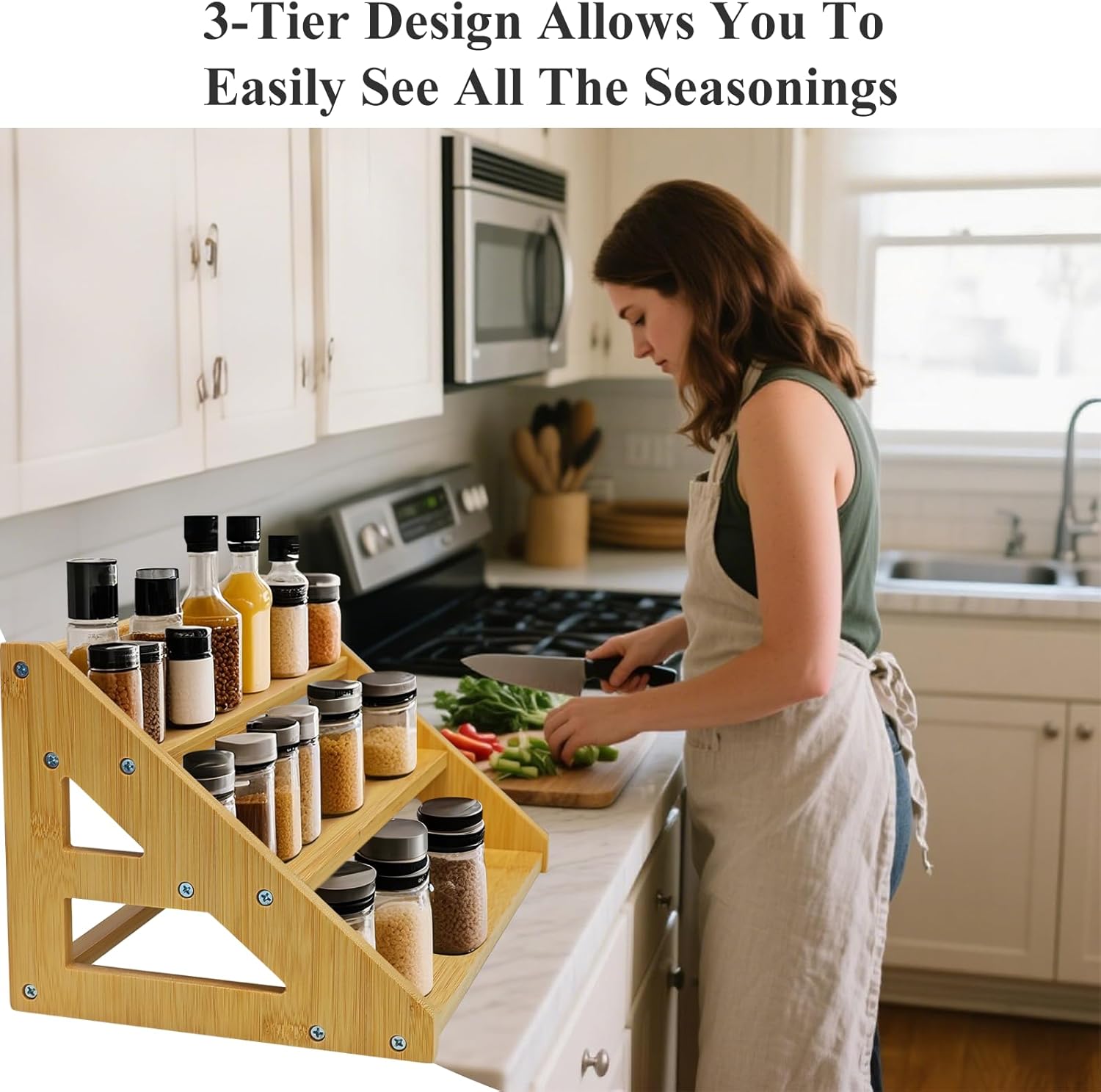 3-Tier Spice Rack for Cabinet bamboo,Seasoning Organizer Spice Rack for Kitchen Countertops,Cabinets & Pantries,Modern Space-Saving Design, Durable Bamboo Organizer (Spice Bottles Not Included)