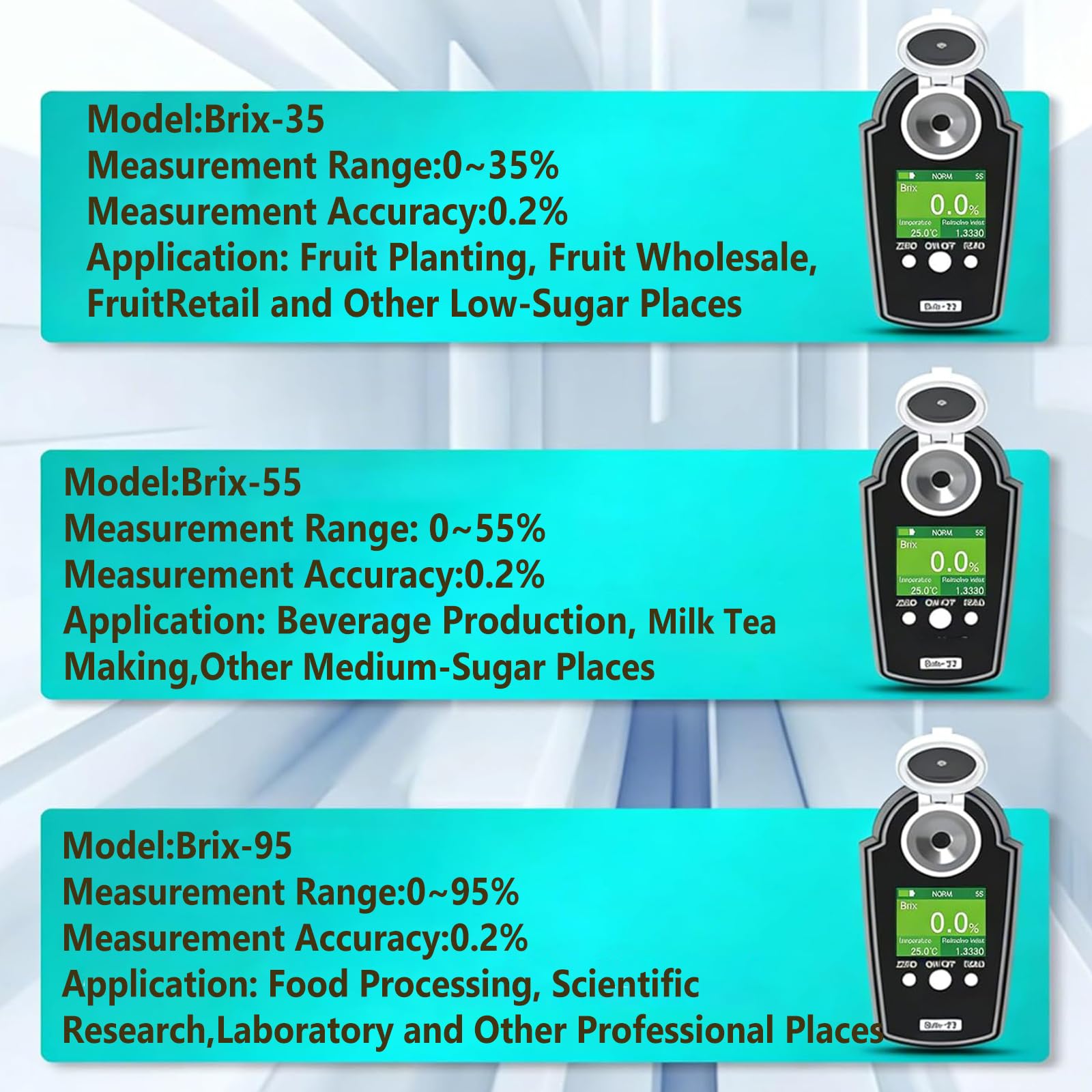 Refractómetro digital Brix, probador de azúcar de frutas de mano LCD, rango de 0-95%, ATC 10-40 ℃, volumen de muestreo de 0,2-0,3 ml, para pruebas de jugos y bebidas