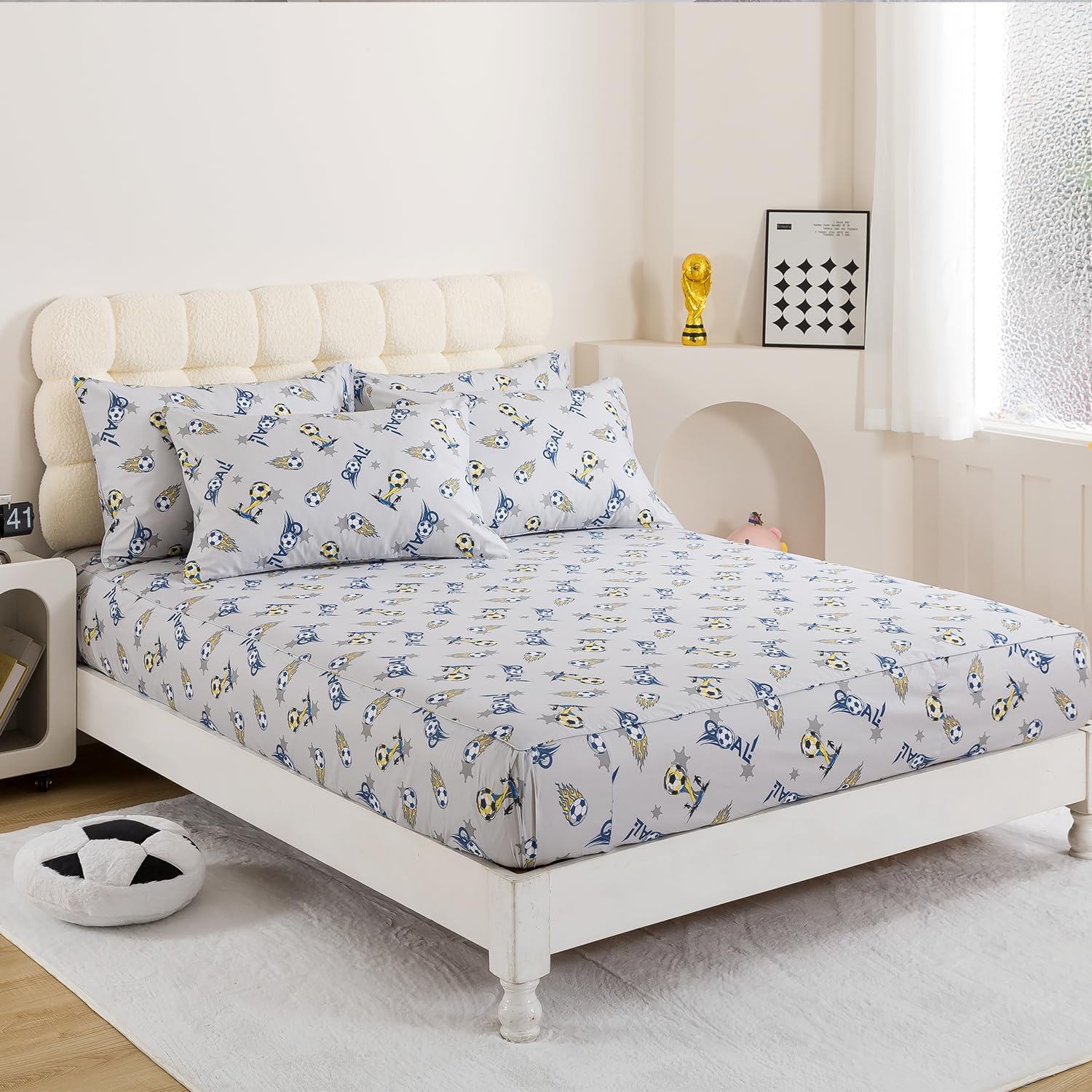 FADFAY Premium 100% Cotton Soccer Sheet Set Full – Ultra Soft Breathable Sports Bedding, Soccer Ball Print Bed Sheets for Teen Boys Bedroom, Deep Pocket Athletic Decor, 4 Piece Set