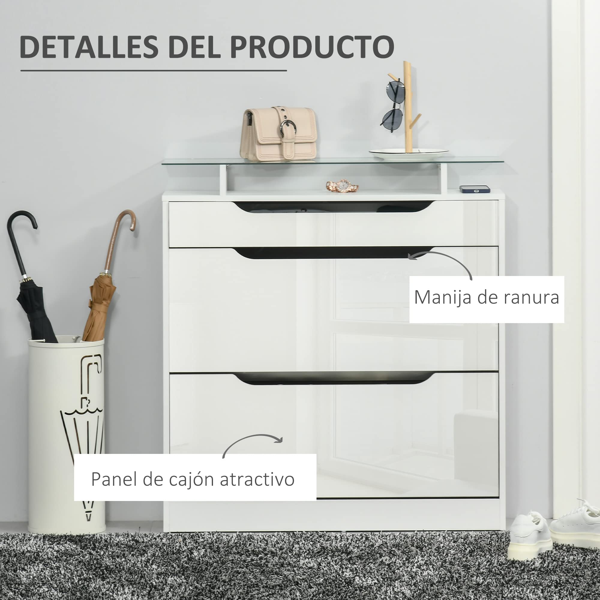 HOMCOM Mueble Zapatero de 2 Puertas Zapatero Estrecho para 16 Pares de Zapatos con Cajón Estante Abierto y Encimera de Vidrio para Pasillo Entrada 89x23x96 cm Blanco