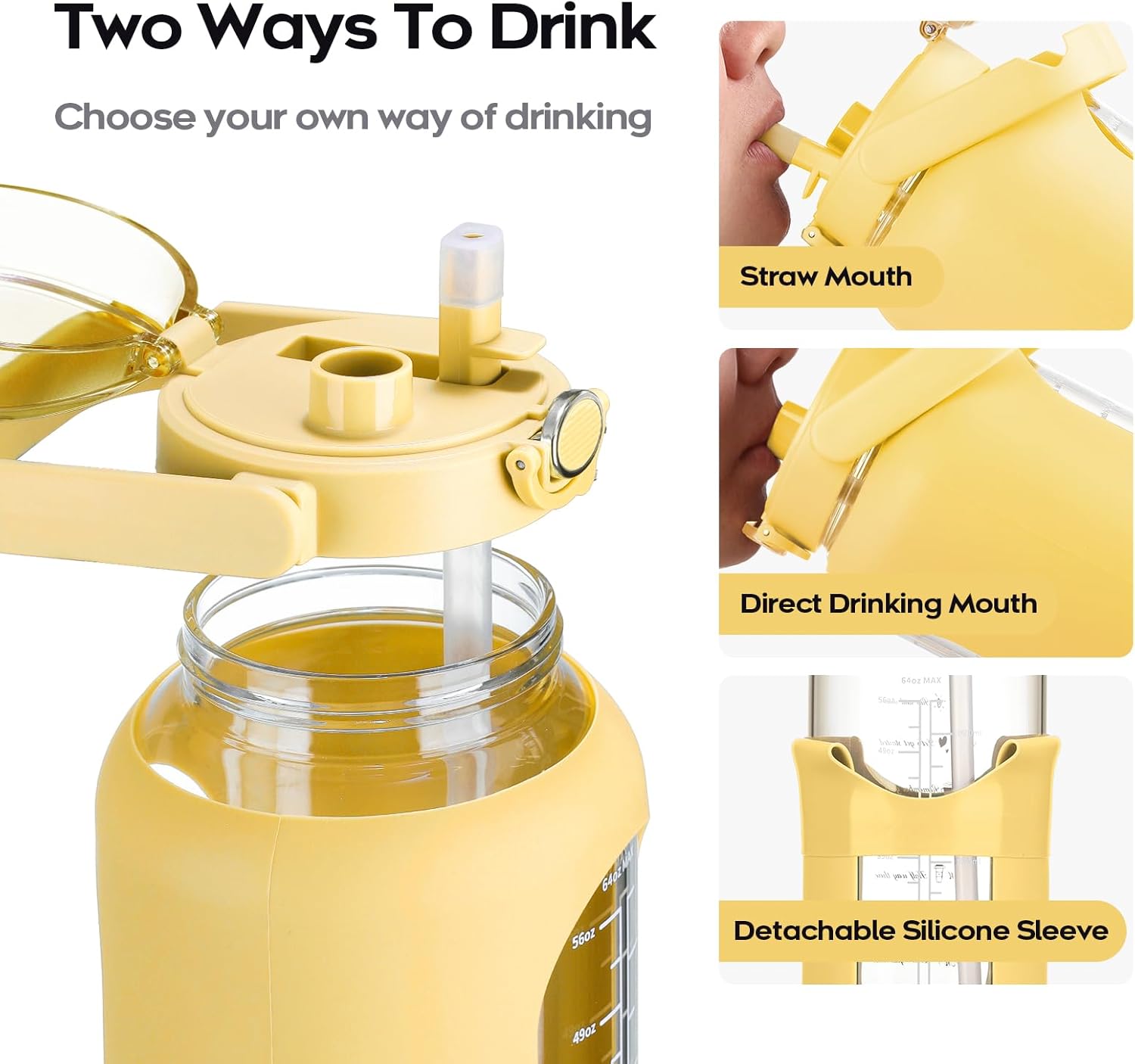 74 oz Glass Water Bolttles with Straw Large Motivational Water Bottle with Time Marker Sports Water Bottles with Silicone Sleeve and Handle Lid 2.2L Water Jug for Gym Workout - Image 2