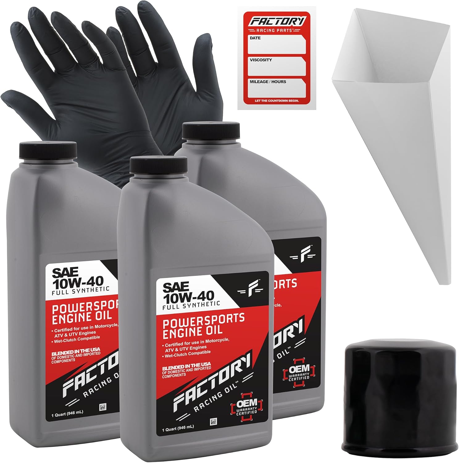 Factory Racing Parts Full Synthetic Oil Change Kit compatible with Yamaha Wolverine 450 – Includes 3 Quarts of SAE 10W-40 Oil, 1 Filter, 1 Funnel, 1 Oil Change Reminder Sticker