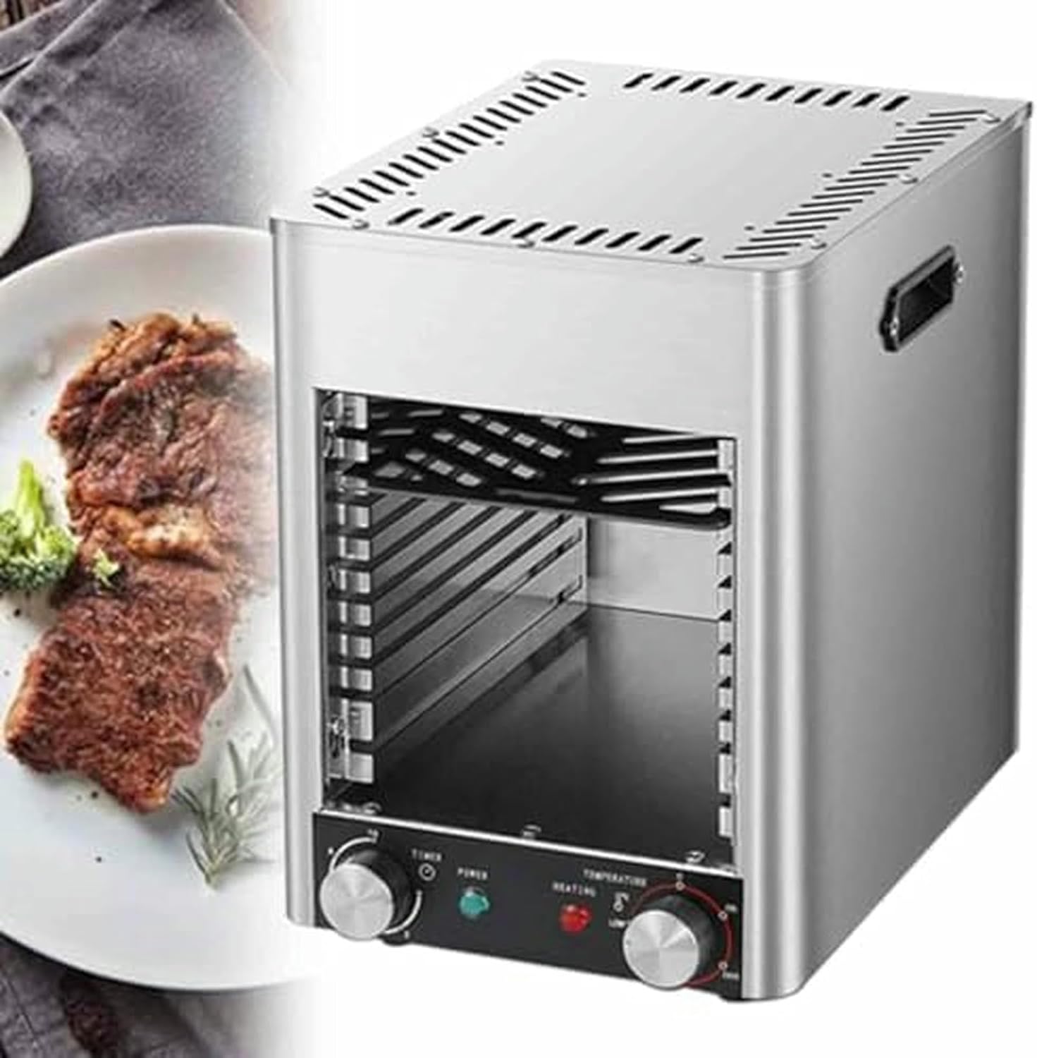 Electric Steak Broiler with Adjustable Time and Temperature, 4/10 Grilling Slots, Up to 800℃, Perfect for Indoor Kitchen Cooking