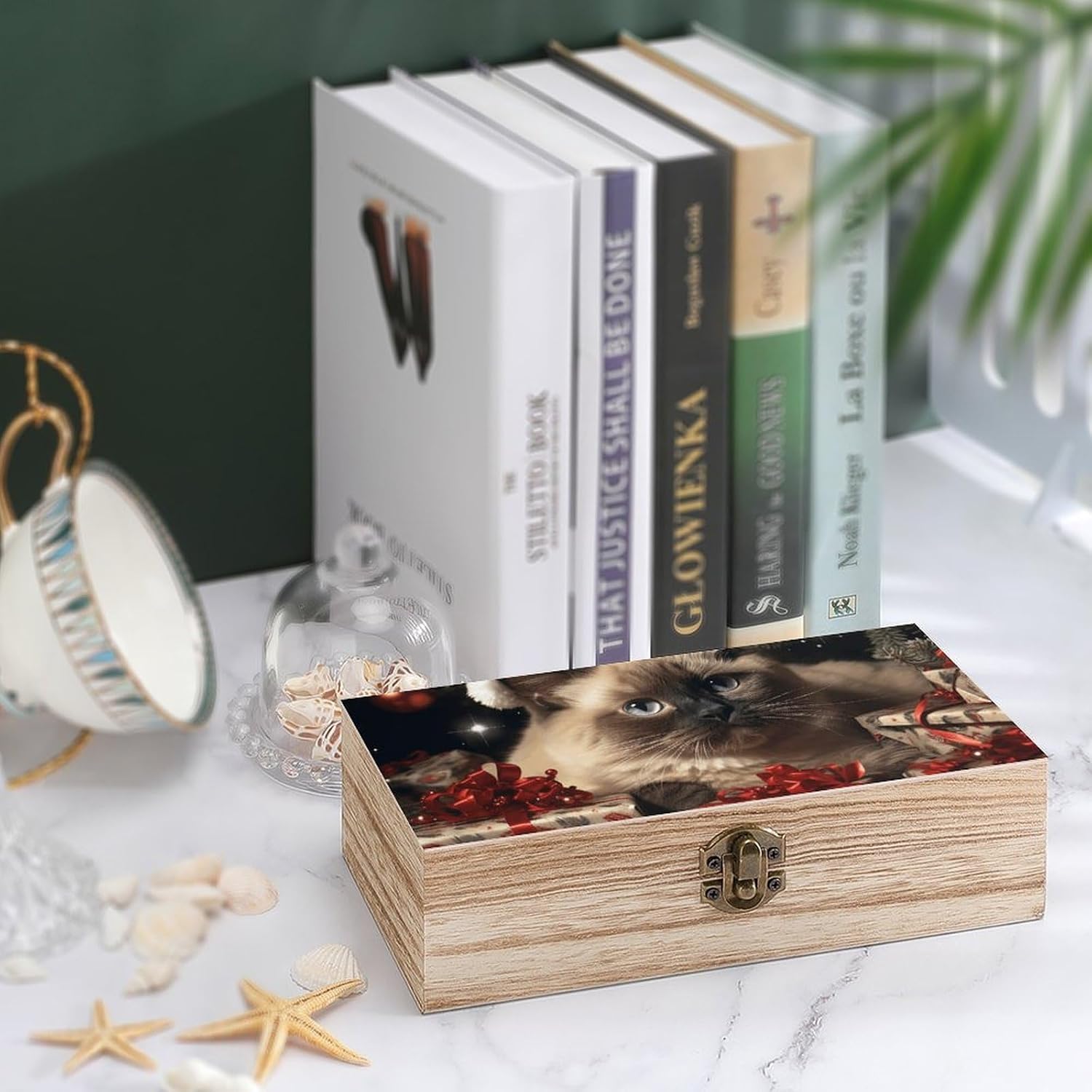 Wooden Box Wood Storage Box with Lid Solid Christmas Siamese Cat Wood Decorative Trunk for Keepsakes for Cooking Tools, Makeup, Or Office Supplies image 4