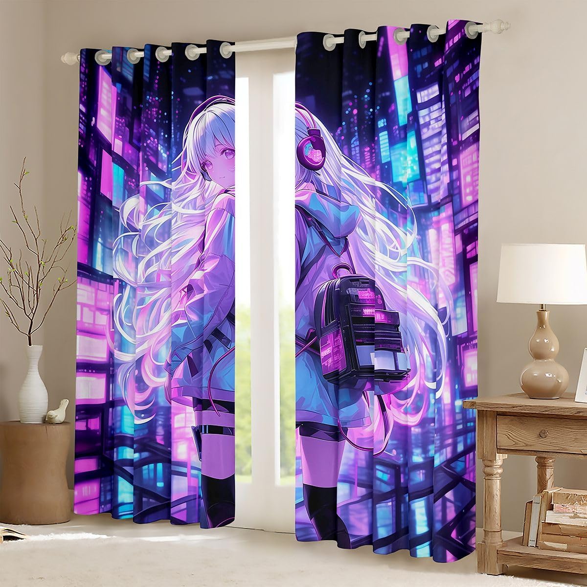 Erosebridal Japanese Girl Window Treatments Girly Anime 42" Wx84 L Window Curtain for Kids,Sci Fi Style Gaming Curtain Room Decor,3D Cartoon Anime Girl Curtains & Drapes
