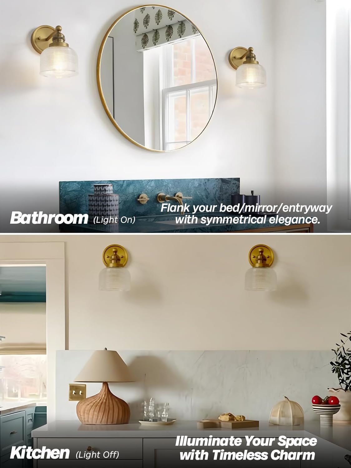 Gold Wall Sconces,Vintage Bathroom Vanity Light with Hand-Blowing Clear Glass Minimalist Brass Wall Sconce Light for Bathroom Mirror Living Room Bedroom Kitchen E26 Hardwire Indoor