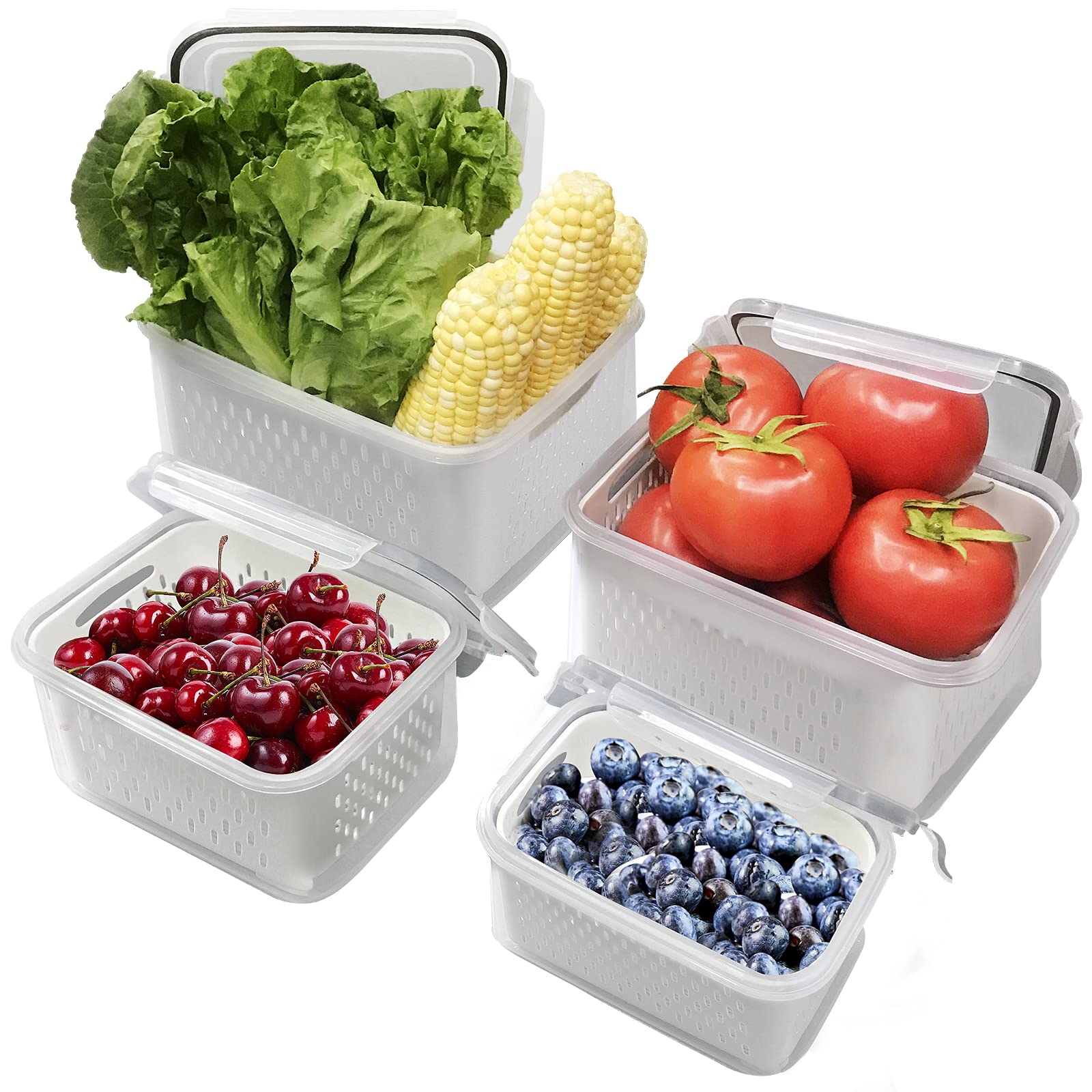4 PCS Fruit Containers for Fridge -Airtight Food Storage Containers with Removable Colander - Dishwasher & microwave safe Produce Containers Keep Fruits,Berry, Vegetables, Fresh longer