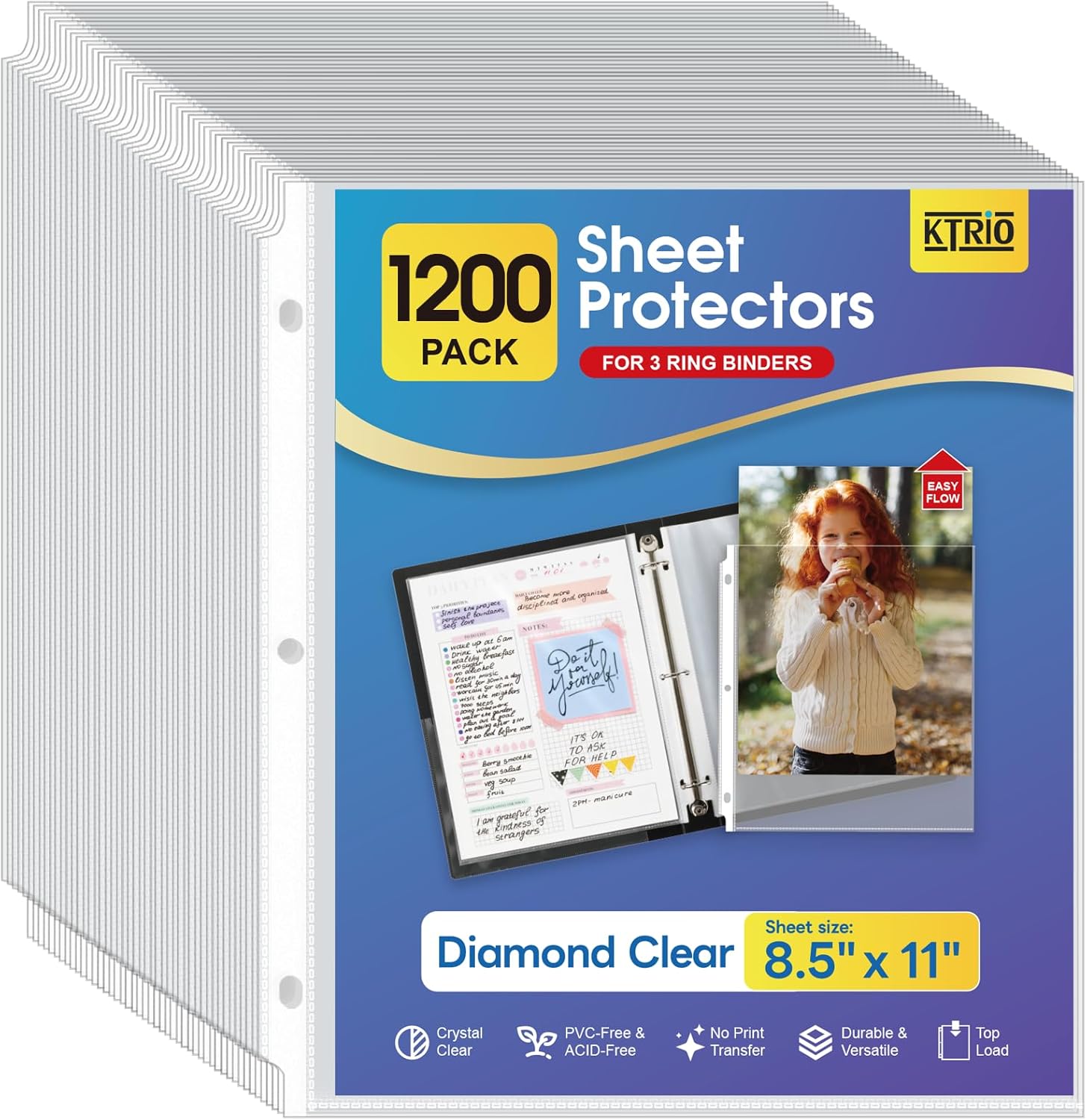 KTRIO Sheet Protectors for 3 Ring Binder 1200 Pack, Clear Page Protectors 8.5 x 11, Plastic Binder Sleeves for Paper, Top Loading, Office Home School