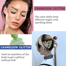 MEICOLY Lime Green Body Glitter,Chunky Chameleon Face Glitter for Halloween Alien Makeup,Color Changing Mermaid Face Glitter Gel,Holographic Glitter for Face Body Hair,Festival Party Cheer Glitter
