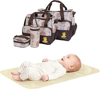 5PCS Diaper Bag Totes Set, Baby Nappy Bags for Mom Dad, Baby Diaper Organizer with Diaper Pad Bottle & Food Bag