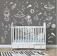 Vista 6 de Calcomanías de pared temáticas del espacio exterior para habitación de niños, calcomanías de vinilo de cohete, estrellas, planetas, arte de galaxia