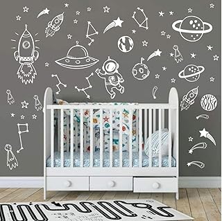 Wall Decor for Boys Room Art Outer Space Star Rockets Planets Stickers Removable Space Wall Decal for Children Bedroom Decoration (White)