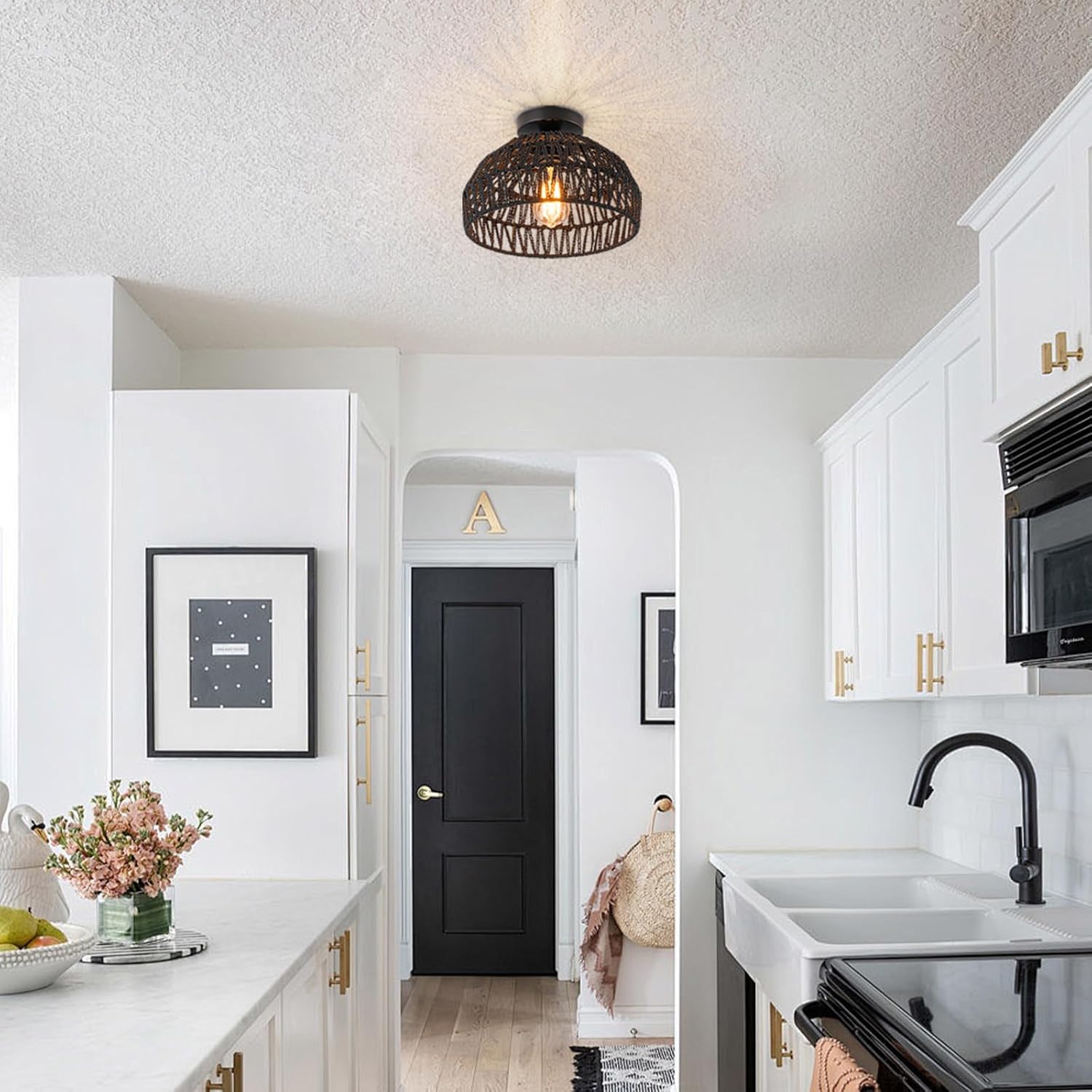 2 Packs Black Boho Light,Rattan Ceiling Lighting Fixtures Small Boho Lamp Shade Flush Mount Ceiling Light Hand Woven Chandelier for Entryway Bedroom Kitchen Nursery Lights