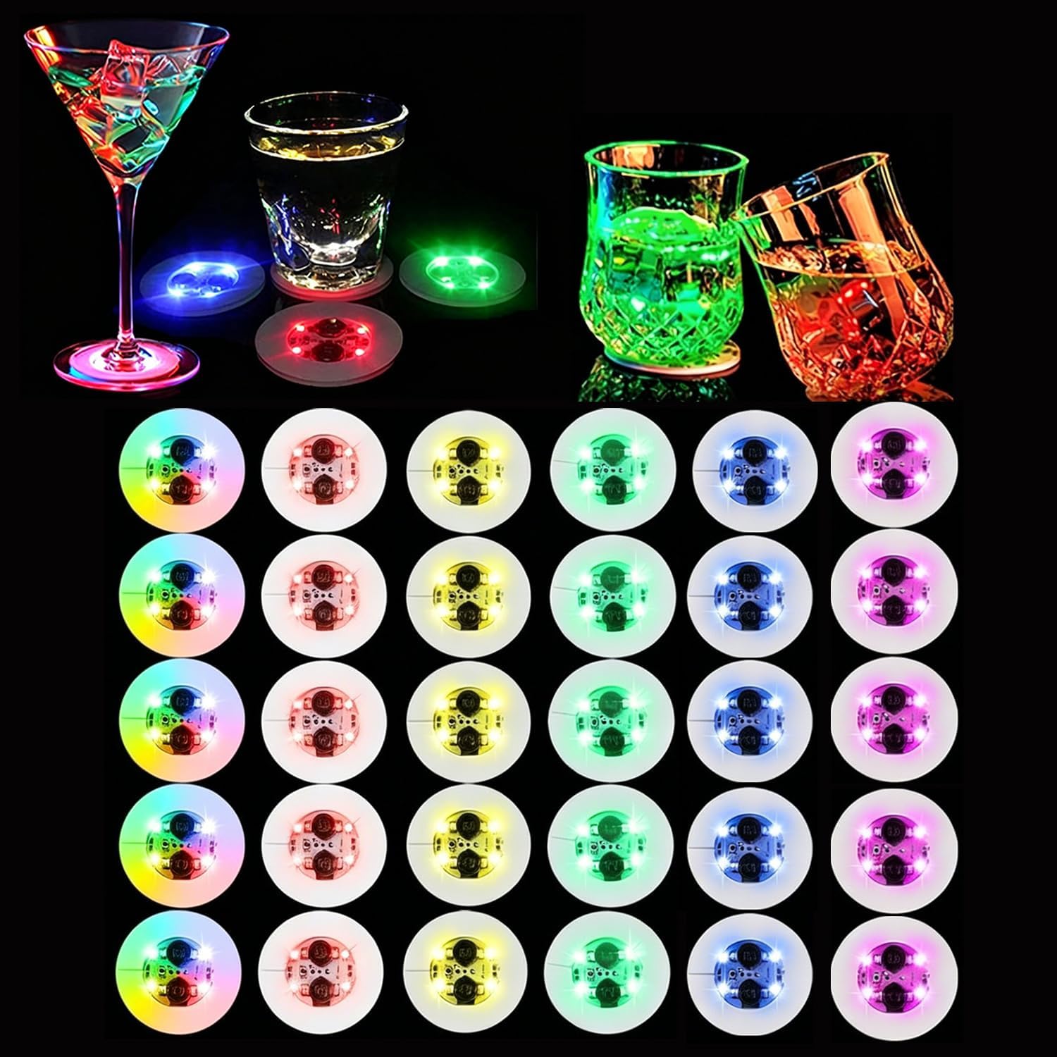 30 Pack LED Light Up Coaster, Colorful LED Bottle Cup Lights for Liquor Bottles Light Sticker Drink Coasters for Bar Club Party Wedding Decor