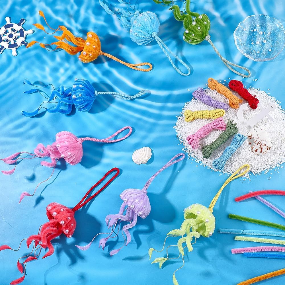 SUNNYCLUE DIY 8 Sets 312pcs Summer DIY Pipe Cleaner Kit Animal Pipe Cleaner Blue Pink Cute Ocean Sea Animal Life Jellyfish Fluff Chenille Stems Hanger Decors for DIY Creative Crafts Hanging Ornaments