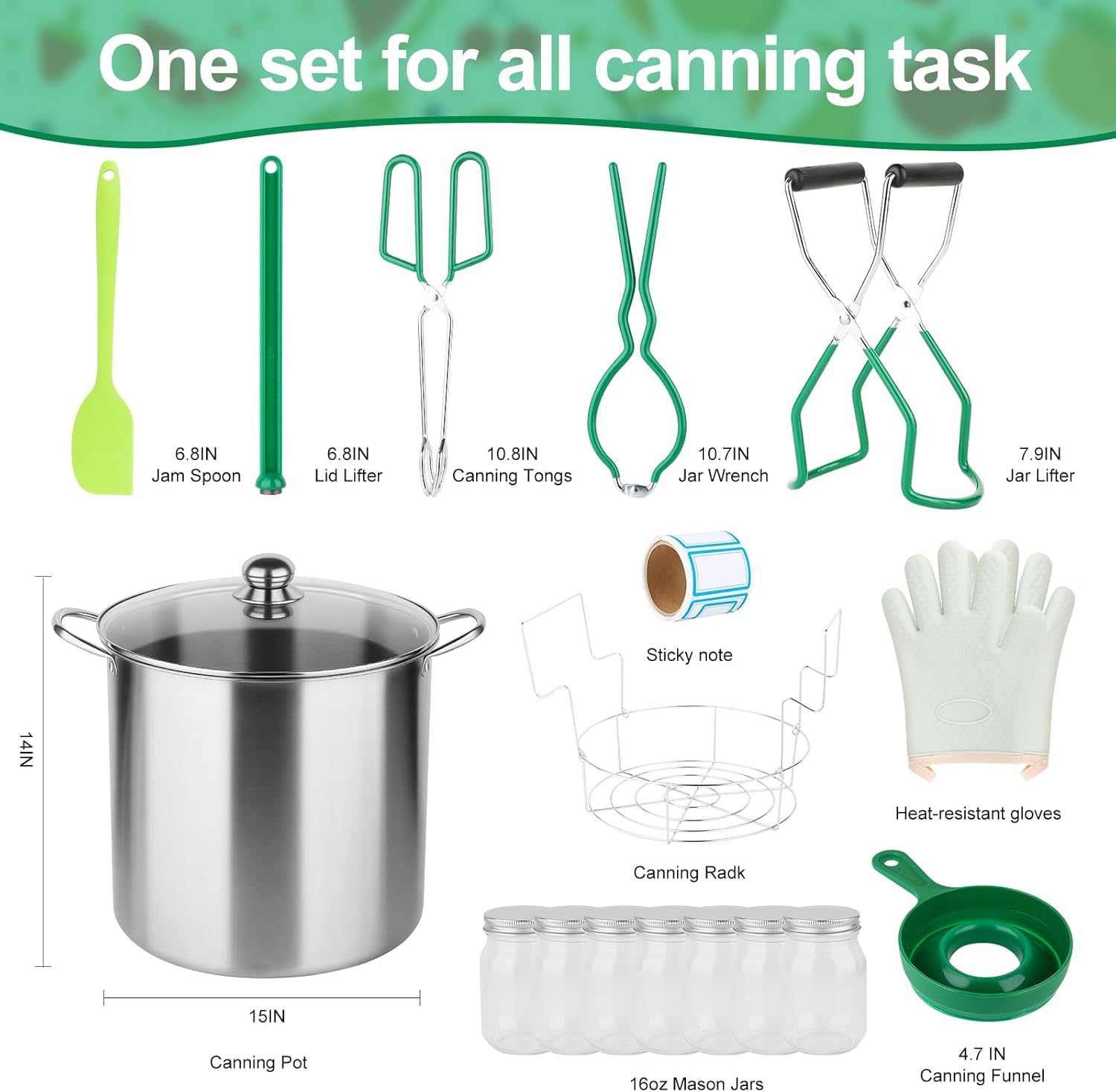 Canning Set - Home DIY Canning Tools, Suitable for Canning Supplies Starter Kit for Beginners, Including Canning Pot, Rack, Seven 16oz Mason Jar, Lifting Tongs and Pickling Kit