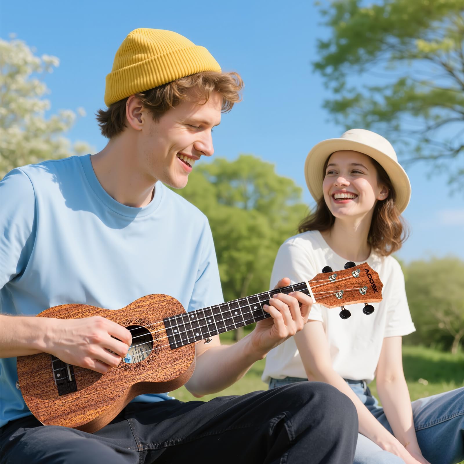 AODSK Juego de ukelele soprano para principiantes, ukelele hawaiano de 21 pulgadas para niños y adultos con bolsa de concierto, cuerdas, kit todo en uno (ukelele sapele de 21 pulgadas) (natural)