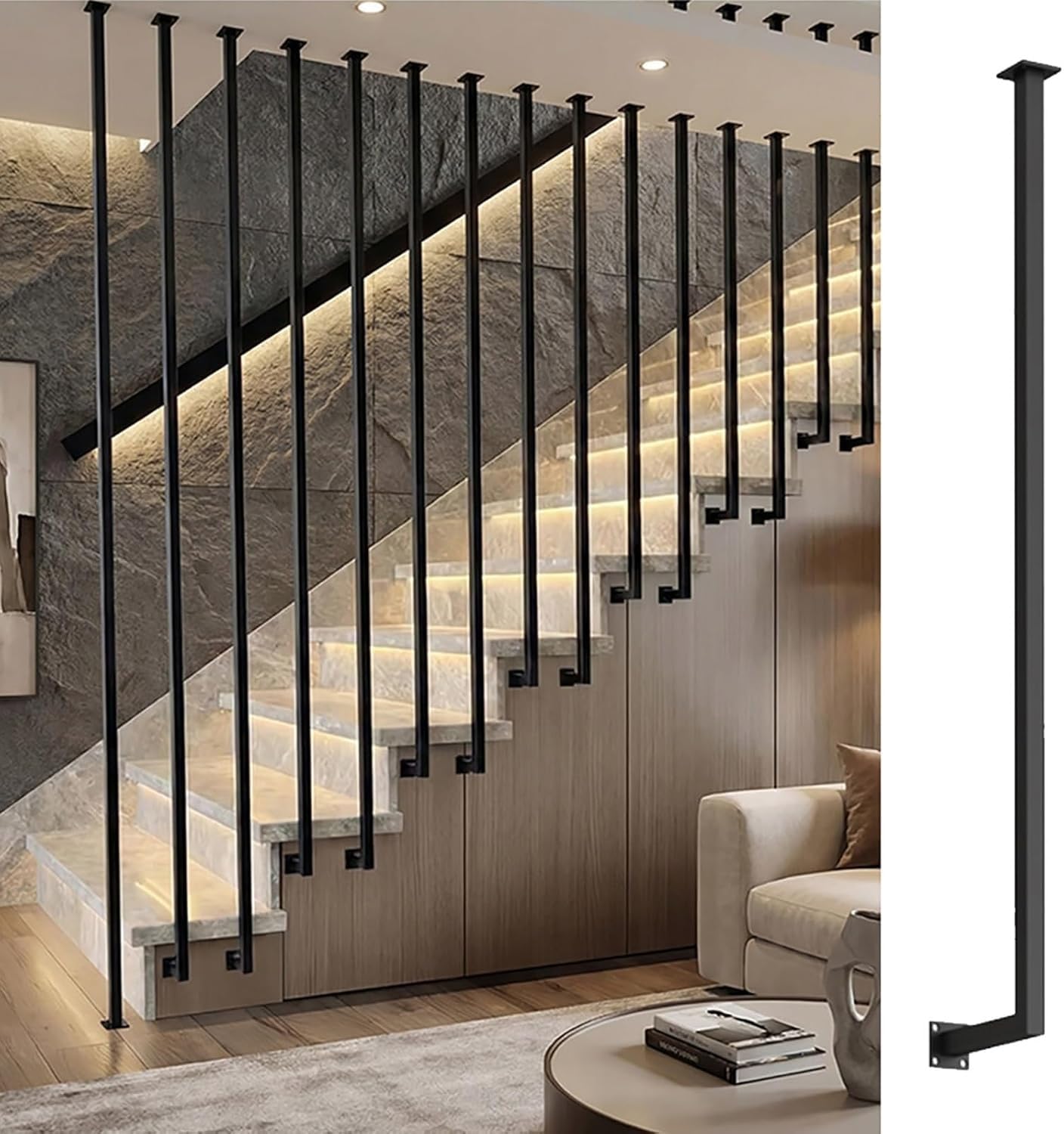 AVLLSO Stair Spindle L-Type Railings Columnar Sidewall to Ceiling, Black Stair Handrail Guardrail with Screws Kits(Black,H-145cm(4.8ft))