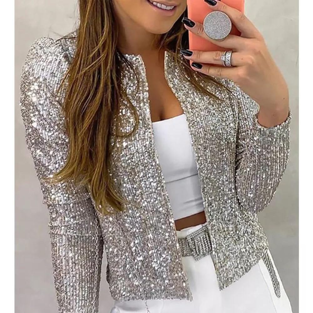 Bolero Dames,Dames Polyester Glanzende Pailletten Design Bolero Bolero'S Cropped Tops Lange Mouw Vest Open Voorzijde Doorzichtige Bolero'S Tops