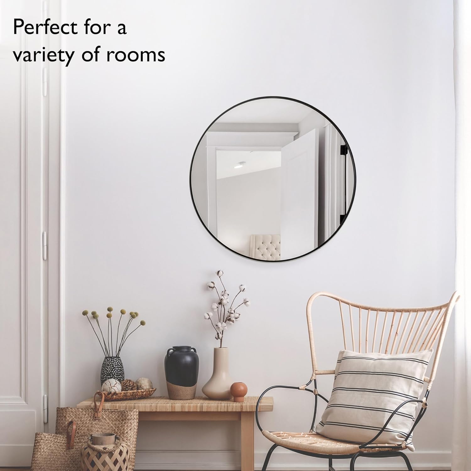 Design House Kenna Round Wall Accent Mirror – 28-Inch, Modern Metal Framed – Living Room, Bedroom, Bathroom Vanity Mirror – Black, 587196