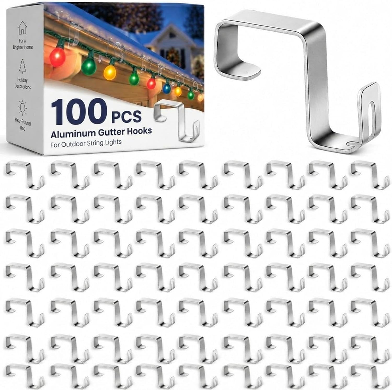 100 Pcs Gutter Light Clips for Outdoor, Christmas Light Hooks, Silver