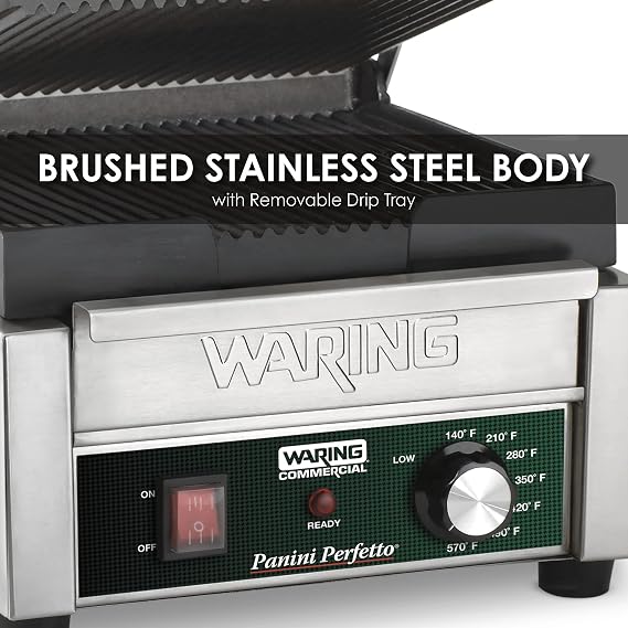 Waring Commercial Panini Press, Ribbed Cast Iron Plates, 9.75 x 9.25 Cooking Surface, 570F Adjustable Thermostat, for Sandwiches up to 3 Thick, Professional Kitchen Grill, 208V, WPG150B