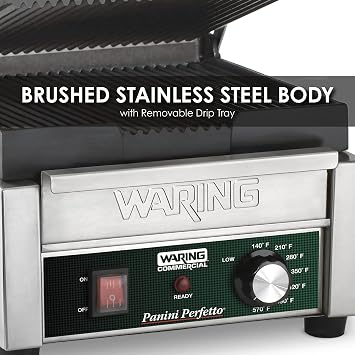 Waring Commercial Panini Press, Ribbed Cast Iron Plates, 9.75 x 9.25 Cooking Surface, 570F Adjustable Thermostat, for Sandwiches up to 3 Thick, Professional Kitchen Grill, 208V, WPG150B