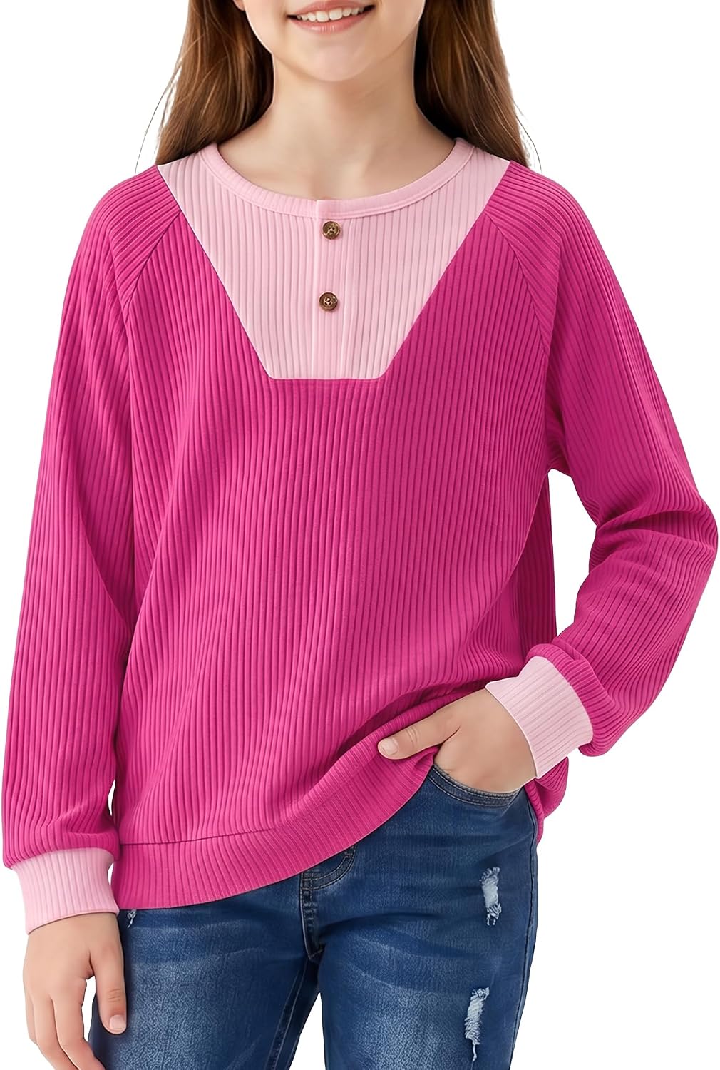 DISAUR Girls Sweatshirts Long Sleeve Color Block Button Crewneck Tops Soft Ribbed Fall School Clothes 6-14 Years