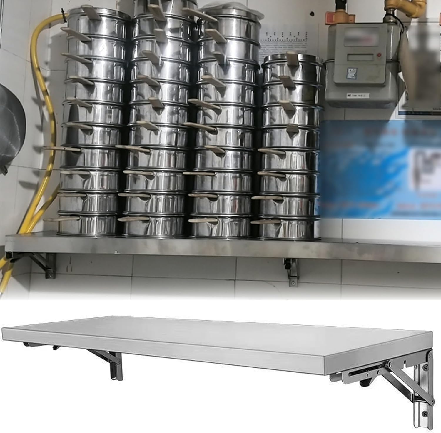 Commercial Food Service Display Shelving, Stainless Steel Folding Shelves for Food Trailer, Wall Mounted Prep Table for Food Truck, Kitchen, Counter, Window(Silver-W 18in/45cm,L 6ft/1.83m)
