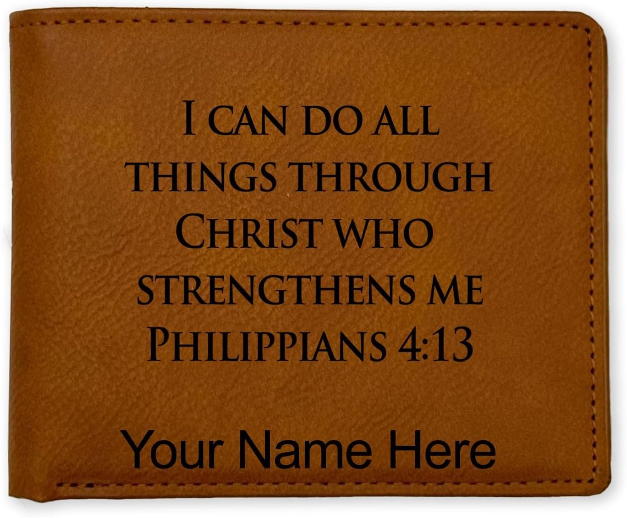 LaserGram Faux Leather Bi-Fold Wallet, Bible Verse Philippians 4-13, Personalized Engraving Included (Carbon Fiber Black with Silver)