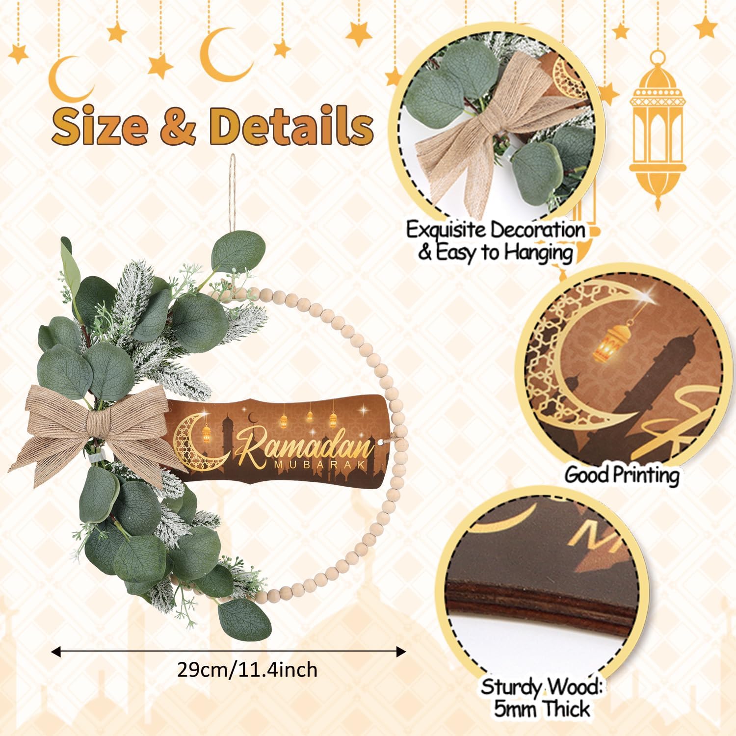 HPNIUB Ramadan Door Sign, Eid Mubarak Decoration for Muslim Home Room, Islam Mubarak Wooden Hanging Sign Wreath, Ramadan Hollow Wall Art for Ramadan Mubarak Party Supplies