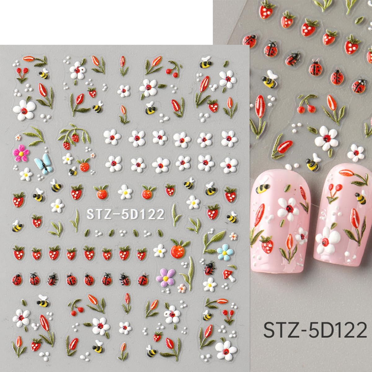3 Sheets Spring Floral Nail Stickers for Nail Art - 5D Embossed Nail Decals Tulip Flower Plants Nail Art Sticker with Honey Insects Design Nail Supplies DIY Manicure Stickers Decorations for Women