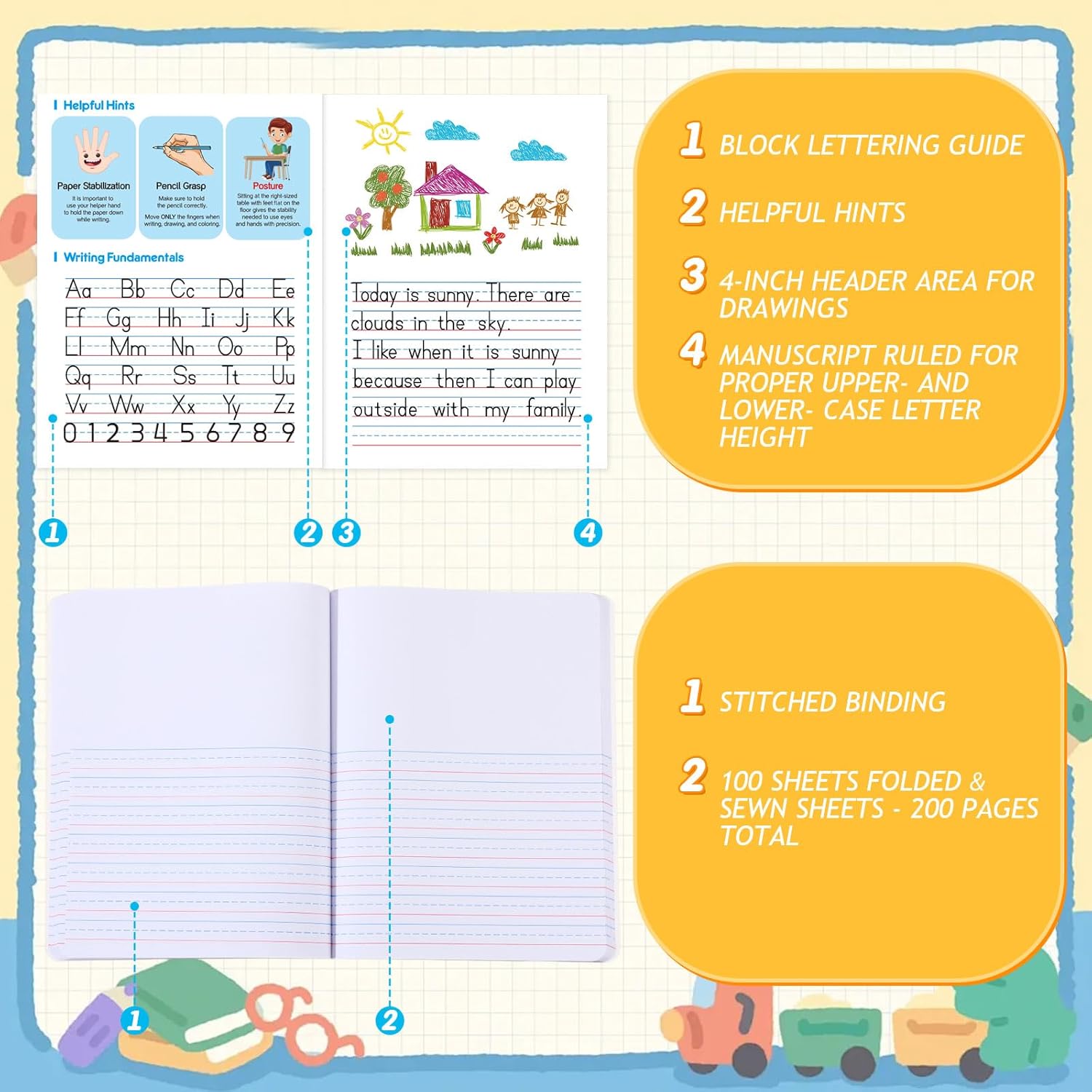 Fulmoon 24 Pcs Primary Composition Notebook K-2 with Picture Space Primary Journal Grades K-2 Draw and Write Journal Composition Book for Preschool Classroom, 80 Sheet (Blue)