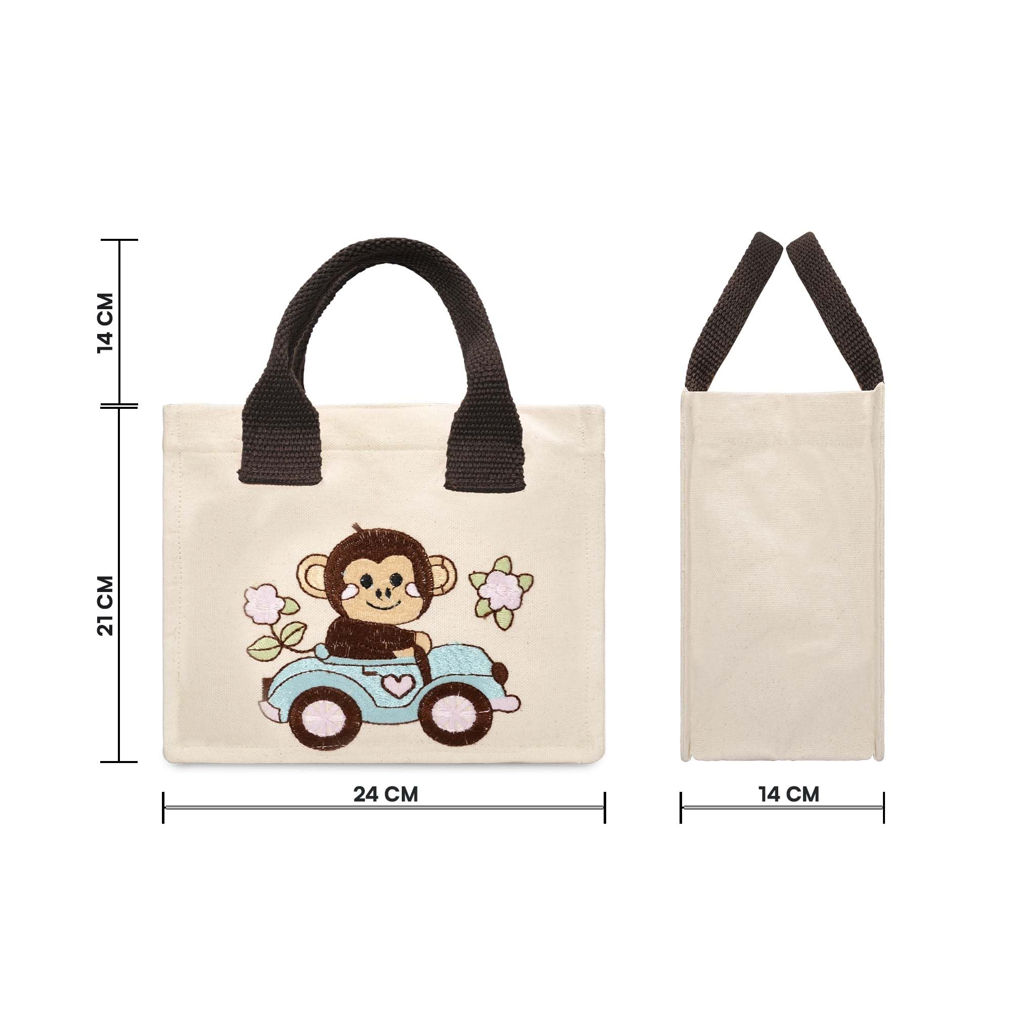 ECOCARRY Kids Lunch Bag | Cute & Stylish Embroidery Mini Tiffin Bag for Boys & Girls | Cute Cotton Cartoon Design | Picnic Tuition School, Preschool & Playschool | Gift for Birthday (Monkey) 2