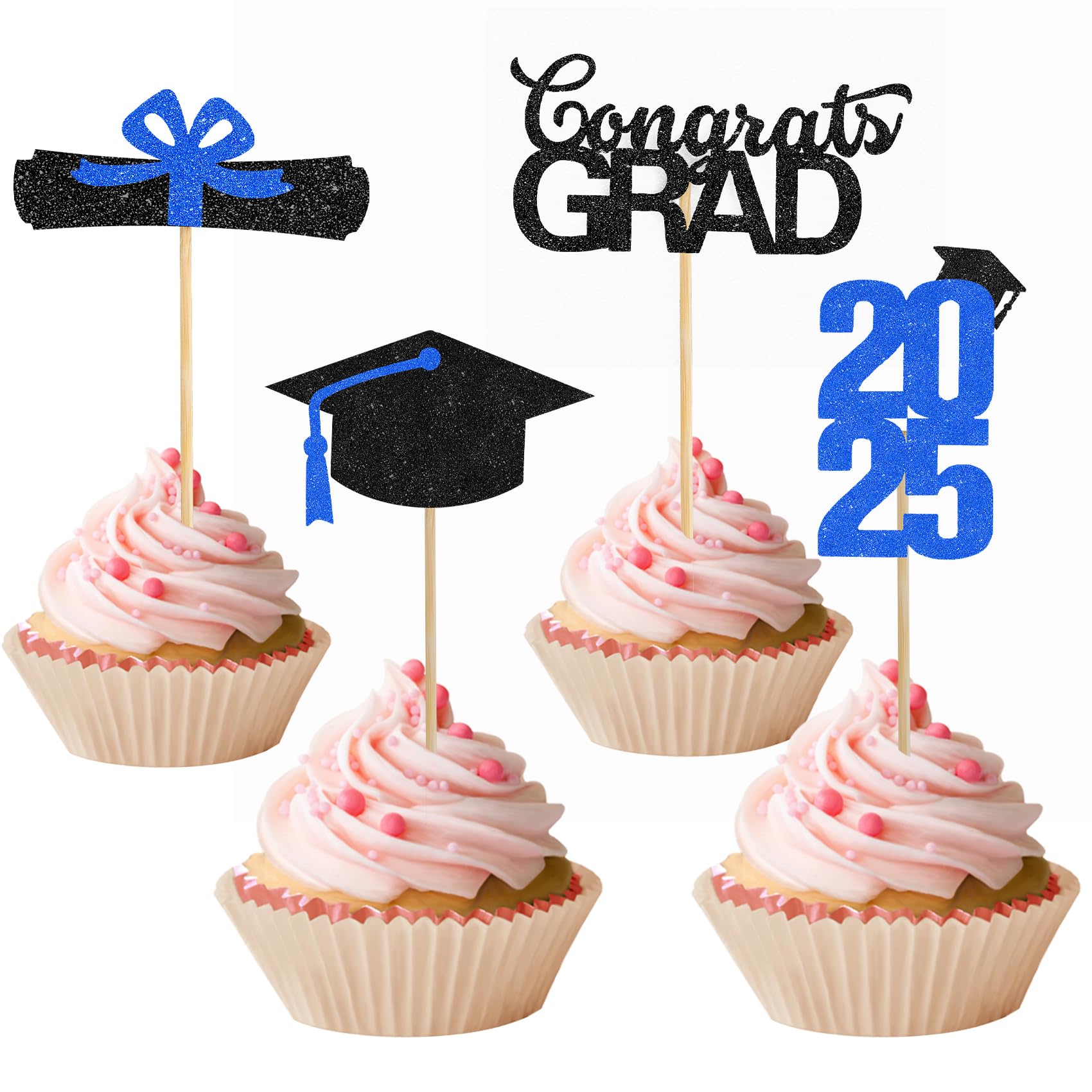 Graduation Cupcake Toppers 2025, 2025 Graduation Party Decorations, 24 PCS Glitter Class of 2025 Cake Toppers, Blue Congrats Grad Cap Diploma Cupcake Picks Food Picks for Graduations Party Decorations