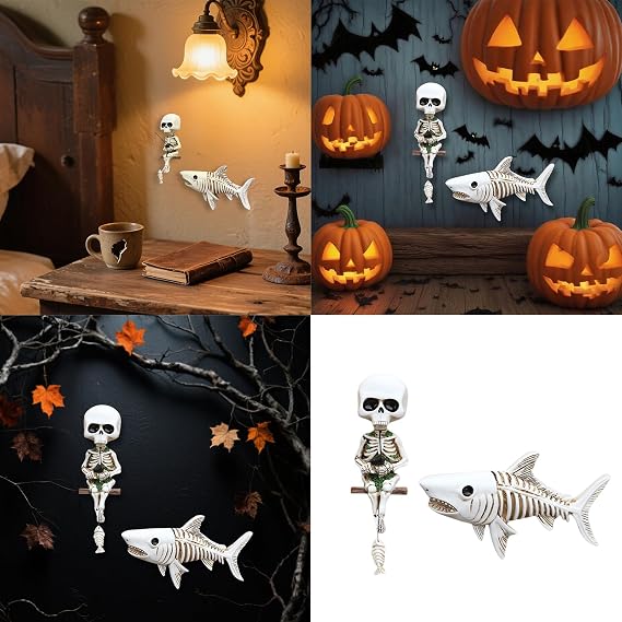 2 Pcs Skeleton Anko Resin Statue Gothic Wall Art Aquarium Halloween Display & Dark Theme Room Decor Resin Skeleton Fishing Sculpture
