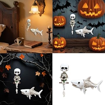 2 Pcs Skeleton Anko Resin Statue Gothic Wall Art Aquarium Halloween Display & Dark Theme Room Decor Resin Skeleton Fishing Sculpture