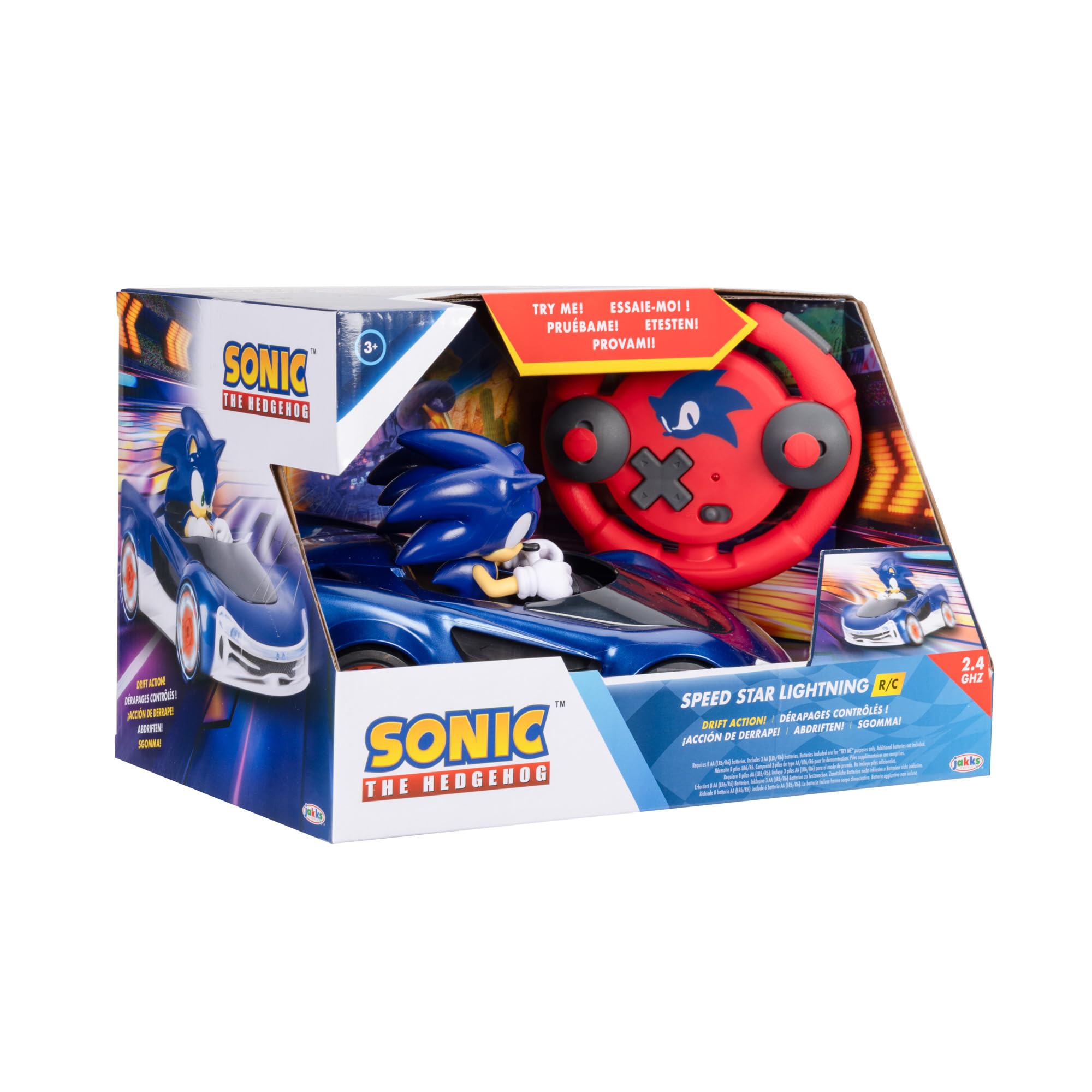 Sonic The Hedgehog, Coche Radio Control Derrapes de Jakks Pacific - Coches a Distancia con Ruedas Luminosas, Juego Interactivo con Mando a Distancia Rojo con Pilas Incluido