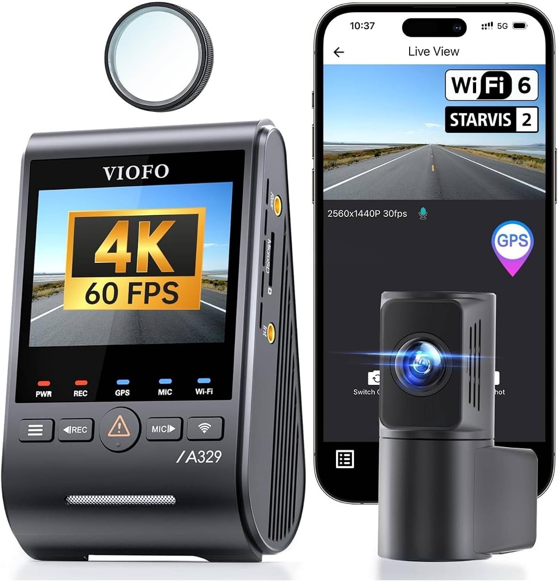 【Bundle: A329S 2CH+256GB Card+HK6+8PCS Full Set Fuse】 VIOFO A329S 4K 60FPS Dash Cam Front and Rear, 4K+2K Dual Dash Camera for Cars, Power Saving Parking Mode