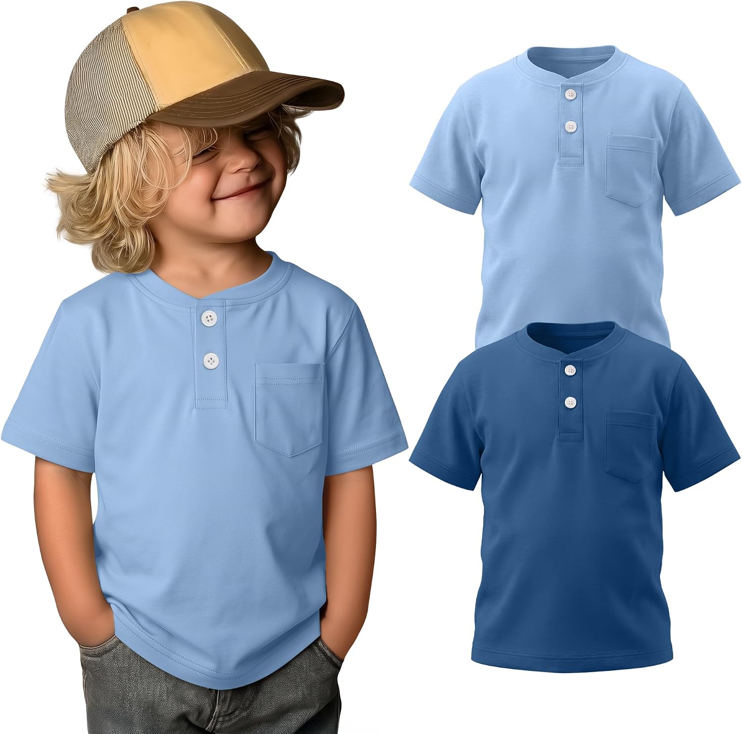 2 Pack Toddler Boys Henley Shirts 100% Cotton Kids Short Sleeve Button Tops Loose Fit Summer Basic Plain Tee 18M-5T