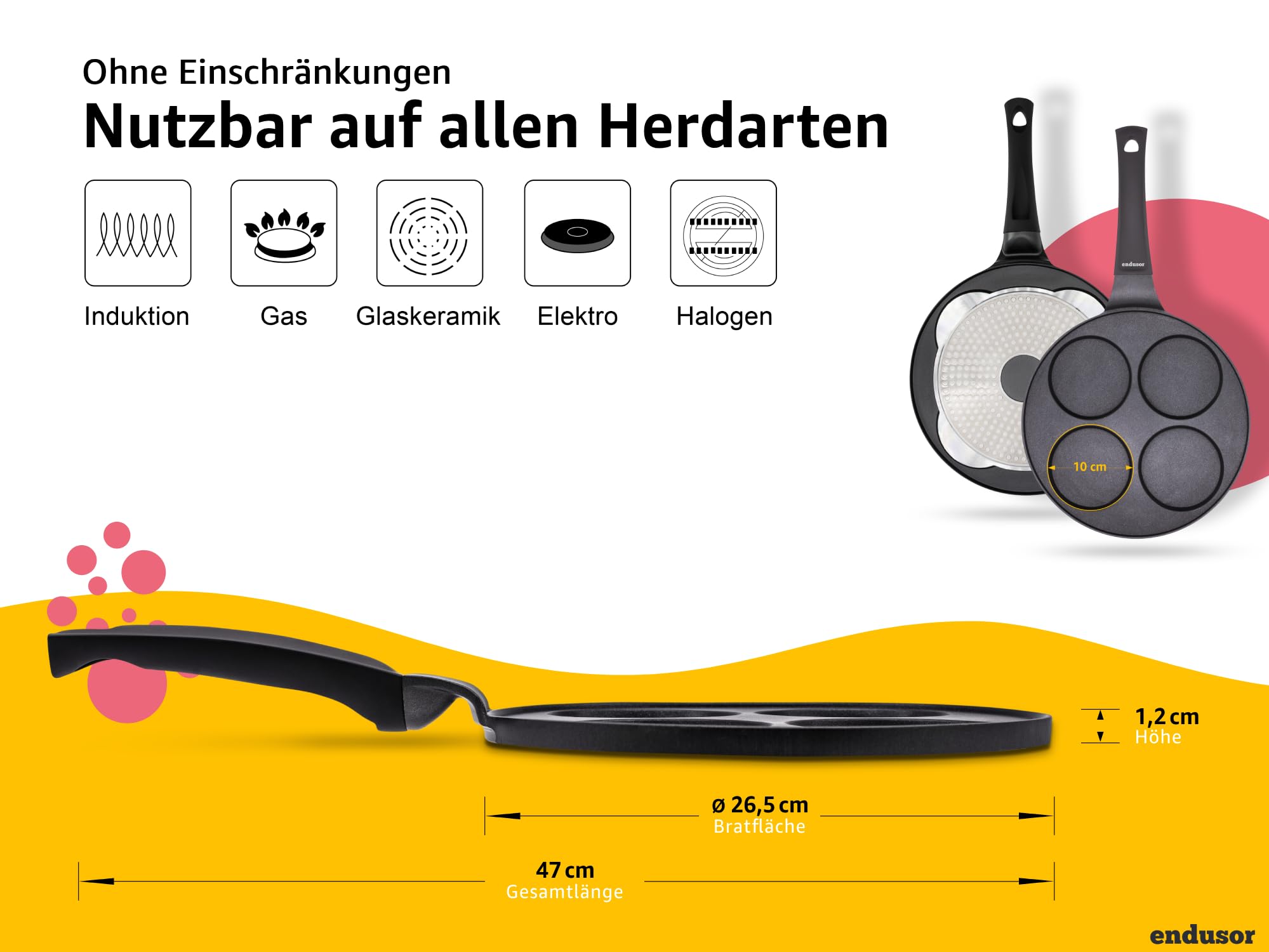 endusor Pancake Pfanne Spiegeleipfanne - Ø28cm mit [PowerShield]-Beschichtung | Induktion Ceran Gas Elektro | 4x Form Maker Eierpfanne, Spiegelei Liwanzen Poffertjes Blinis