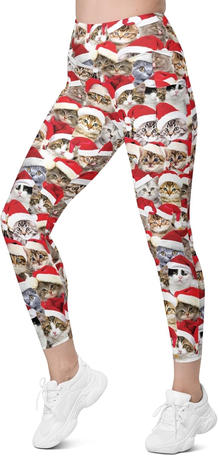 FIERCEPULSE Christmas Cat Leggings with Pockets – High-Waisted Festive Cat Print Leggings for Women