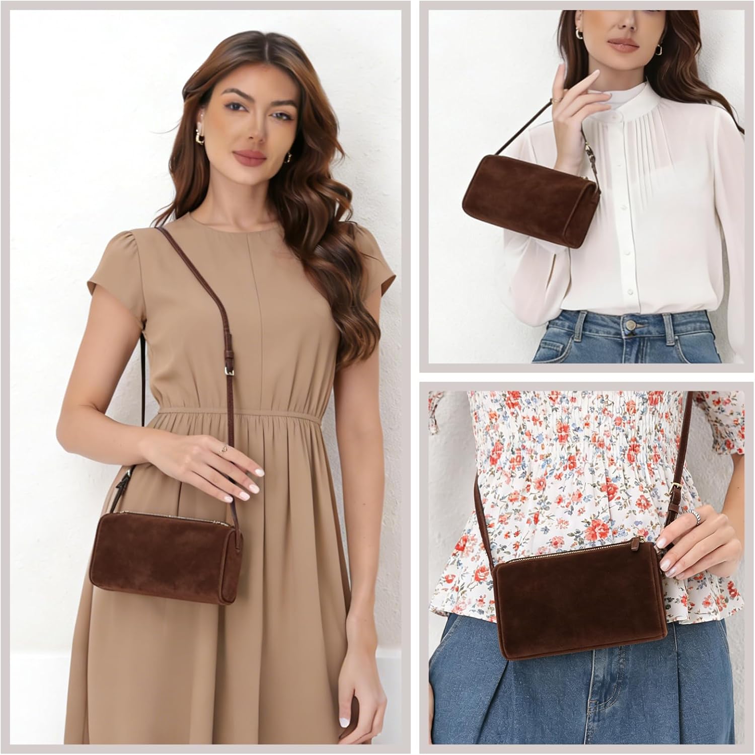 Handmade genuine suede leather crossbody purses for women. Small suede purse with an adjustable strap and ID holder..